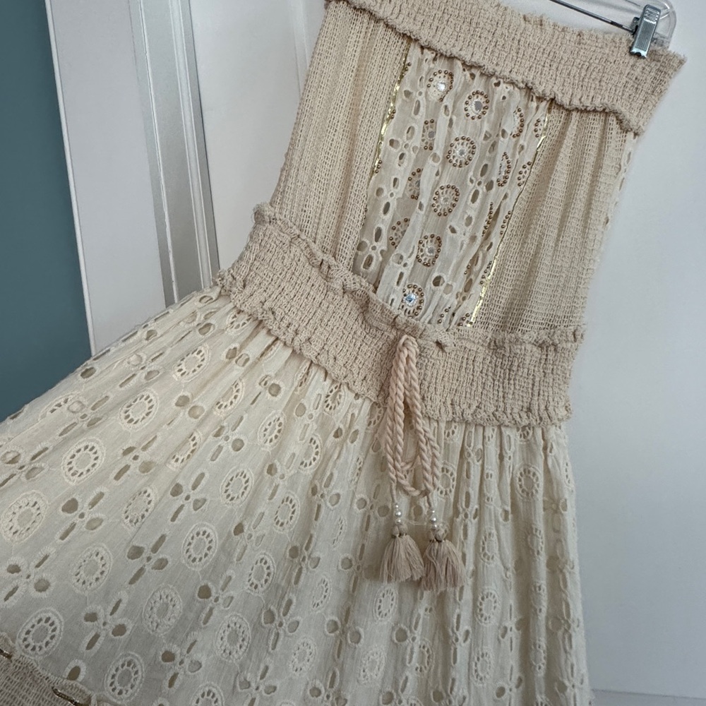 Buby’s Cream Crochet Eyelet Mirrored accent Boho Strapless Dress NWT
